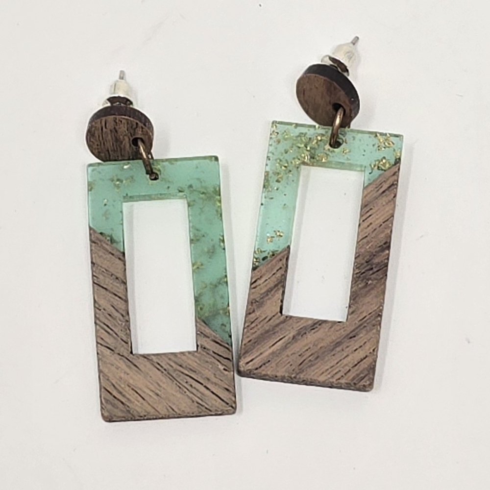 Handmade dangle earring square‎ resin and wood earrings tropical green brown